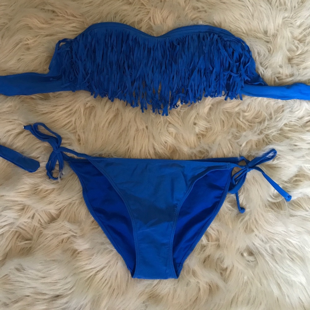 Blue fringe tube top bikini